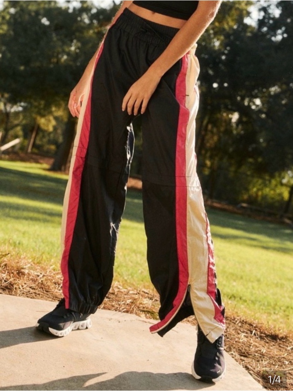 Free People Black Track Pants with Pink & Cream Side Stripes